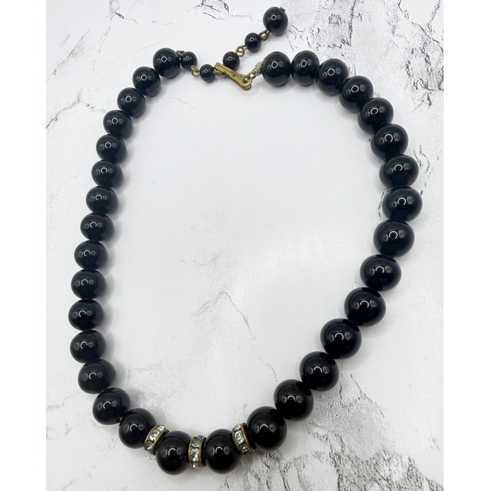 Vintage Black Glass Bead Necklace Rhinestone Accents Gold Hook 13-15"